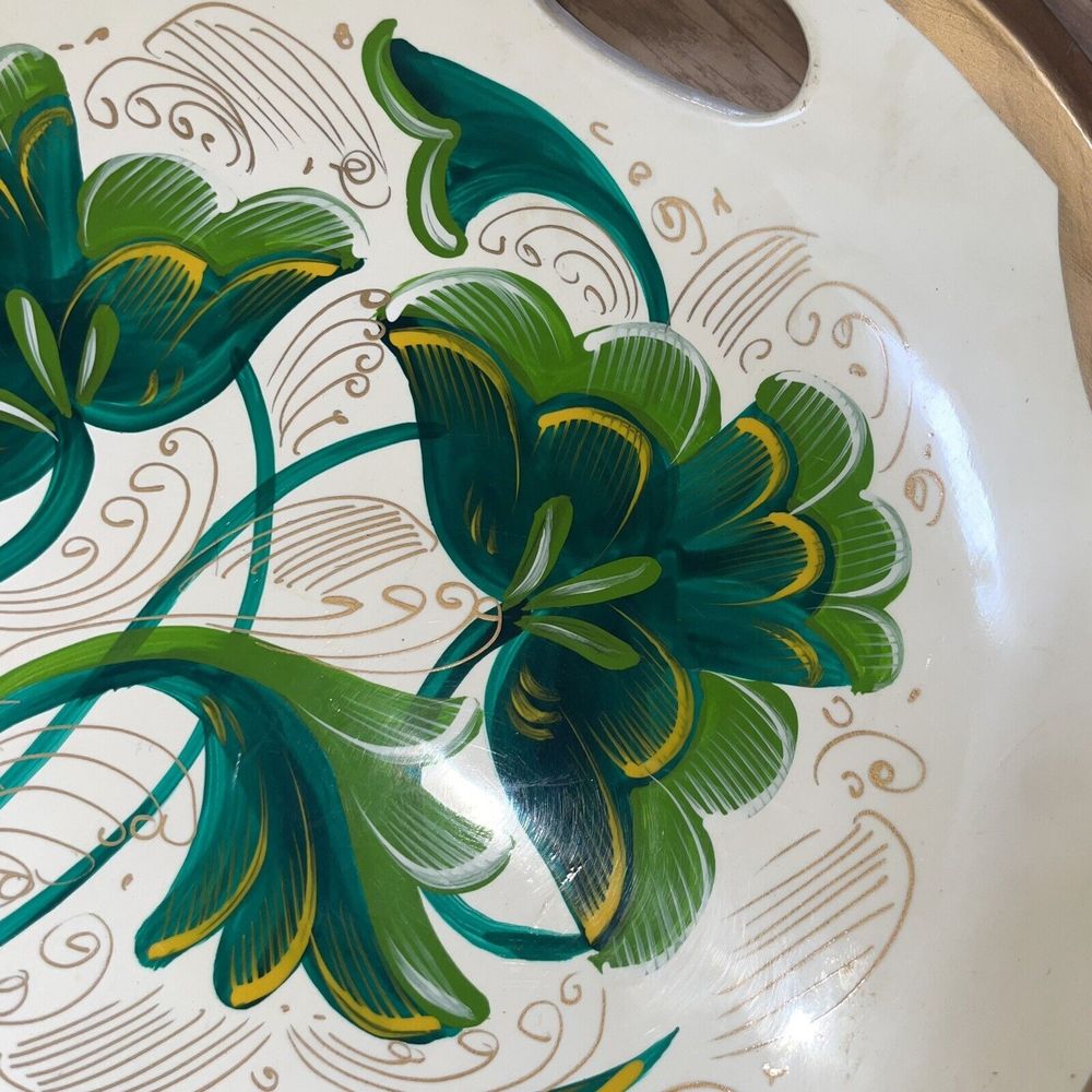 Vintage Birds of Paradise Painted Large Wooden Handled Tray Greens/Gold - Picture 5 of 6